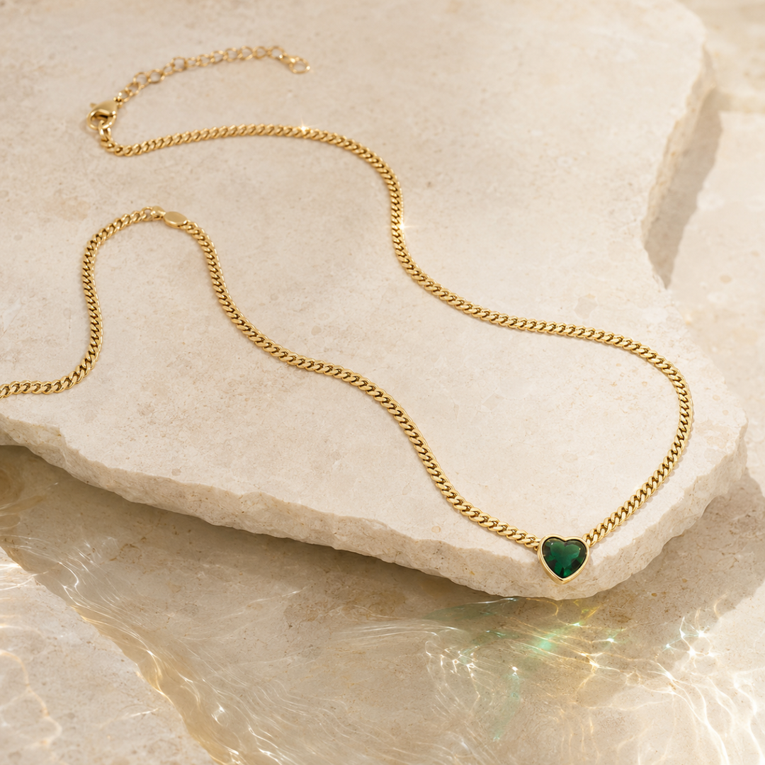 Conjunto corazón de vidrio y cadena cubana – Verde