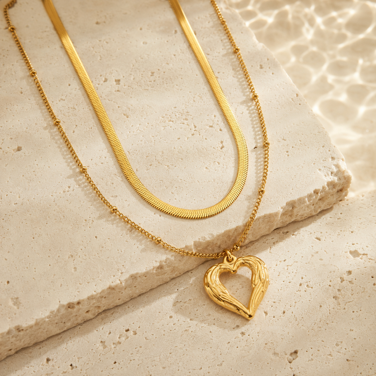 Conjunto collar corazón doble capa – Dorado